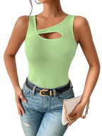 Sugathari Womens Green Cut Out Asymmetrical Neck Rib Knit Jeans Korean Trendy Tank Western Tops for Women Stylish (T-Shirt 182 