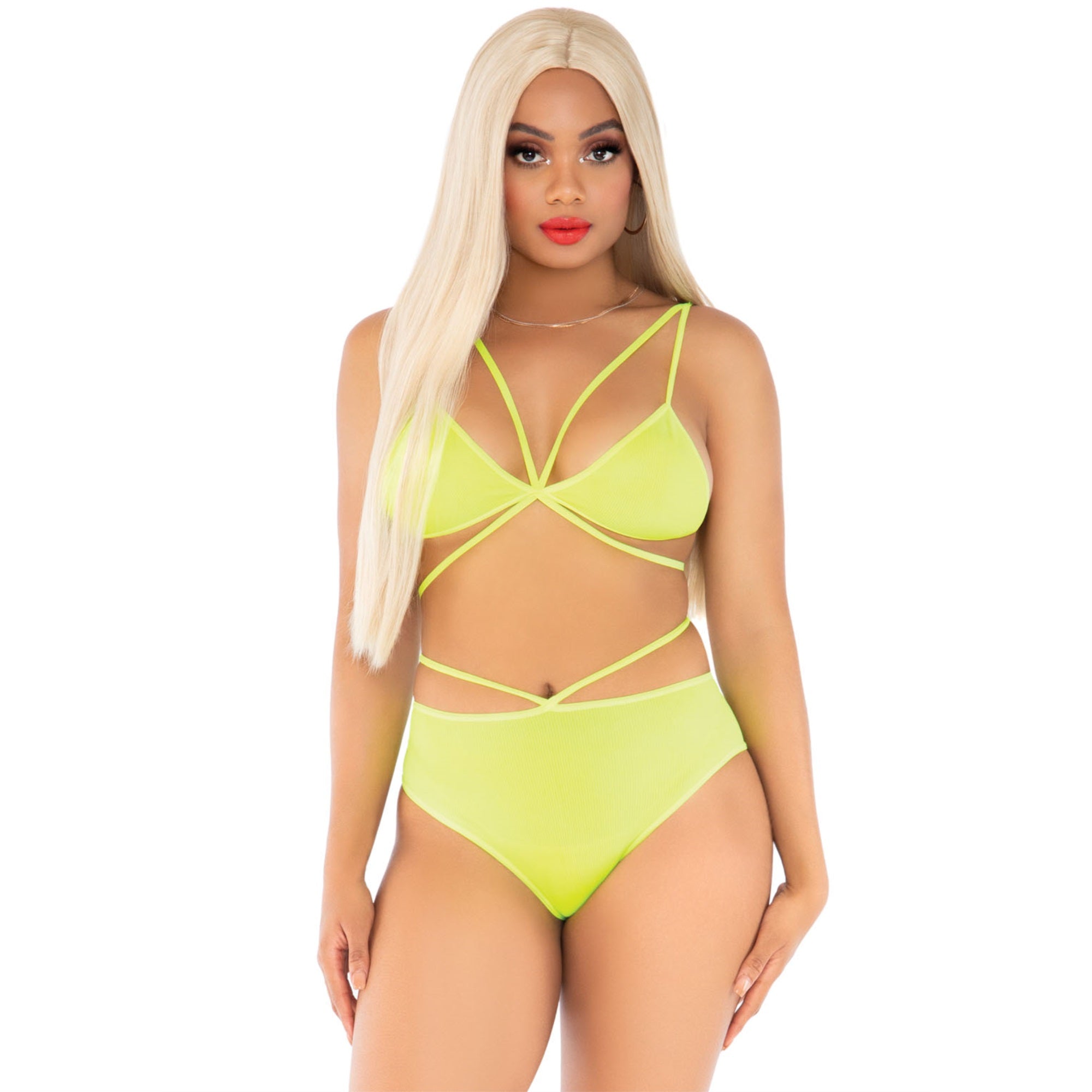 2 PC Opaque cage strap bra top - O/S / NEON YELLO