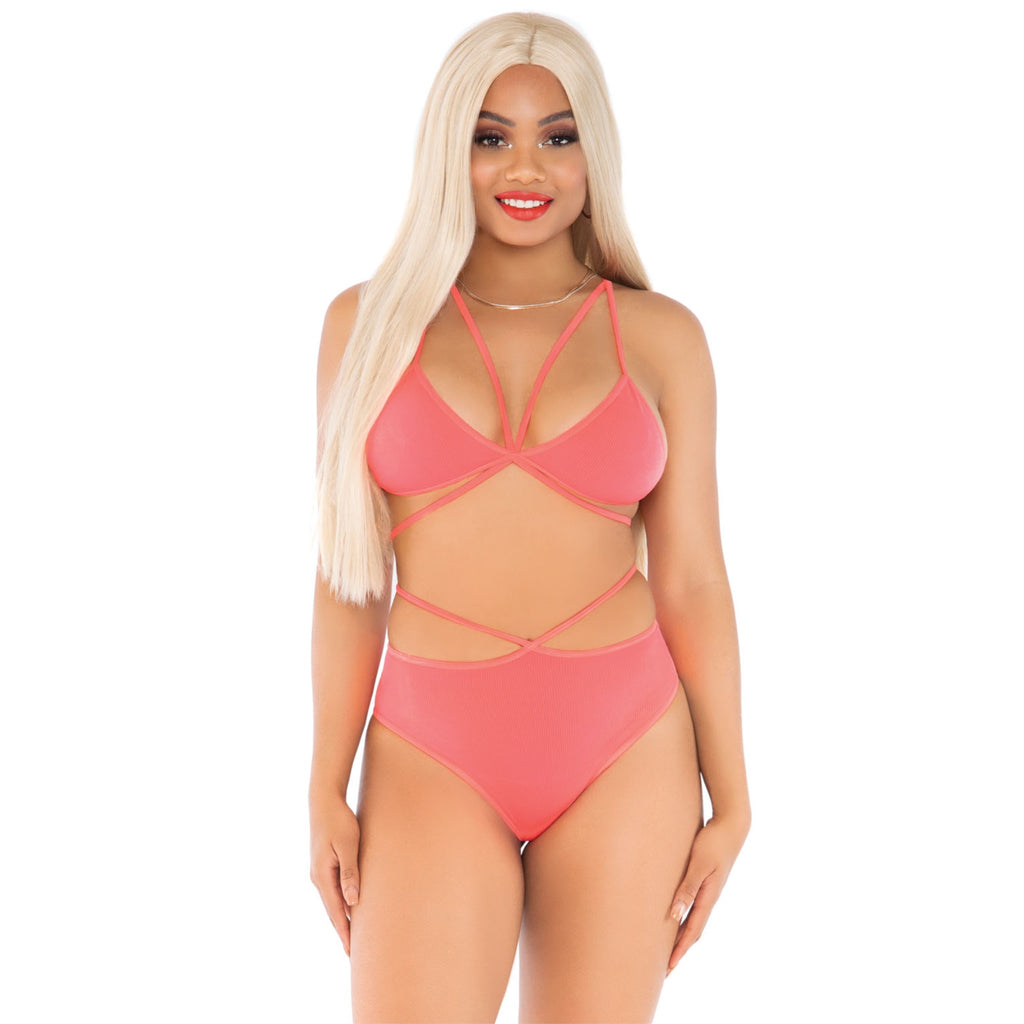 2 PC Opaque cage strap bra top - O/S / CORAL