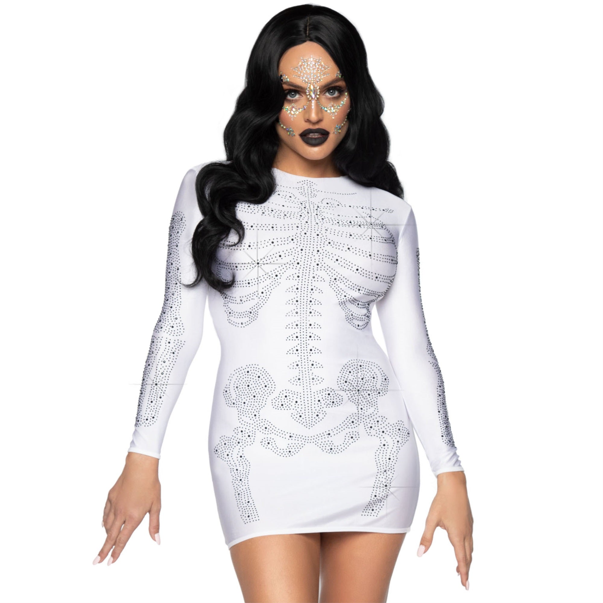 Spandex rhinestone skeleton dr - SMALL / WHITE