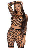 2 PC Pothole net crop top and - O/S / BLACK
