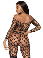 2 PC Pothole net crop top and - O/S / BLACK