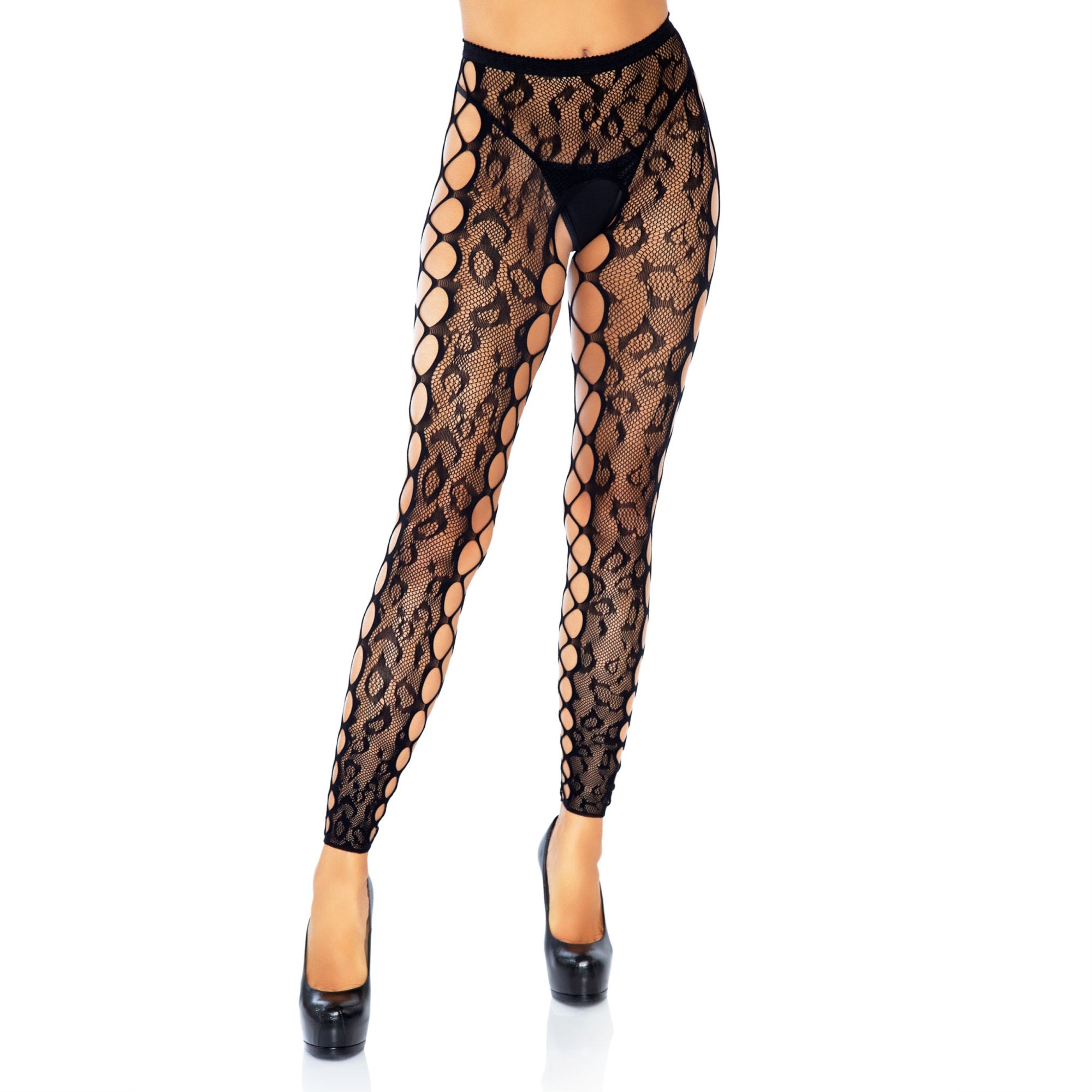 Leopard lace footless crotchle - O/S / BLACK