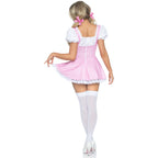 Gingham dress with lace up fro - LARGE / PINK/WHITE