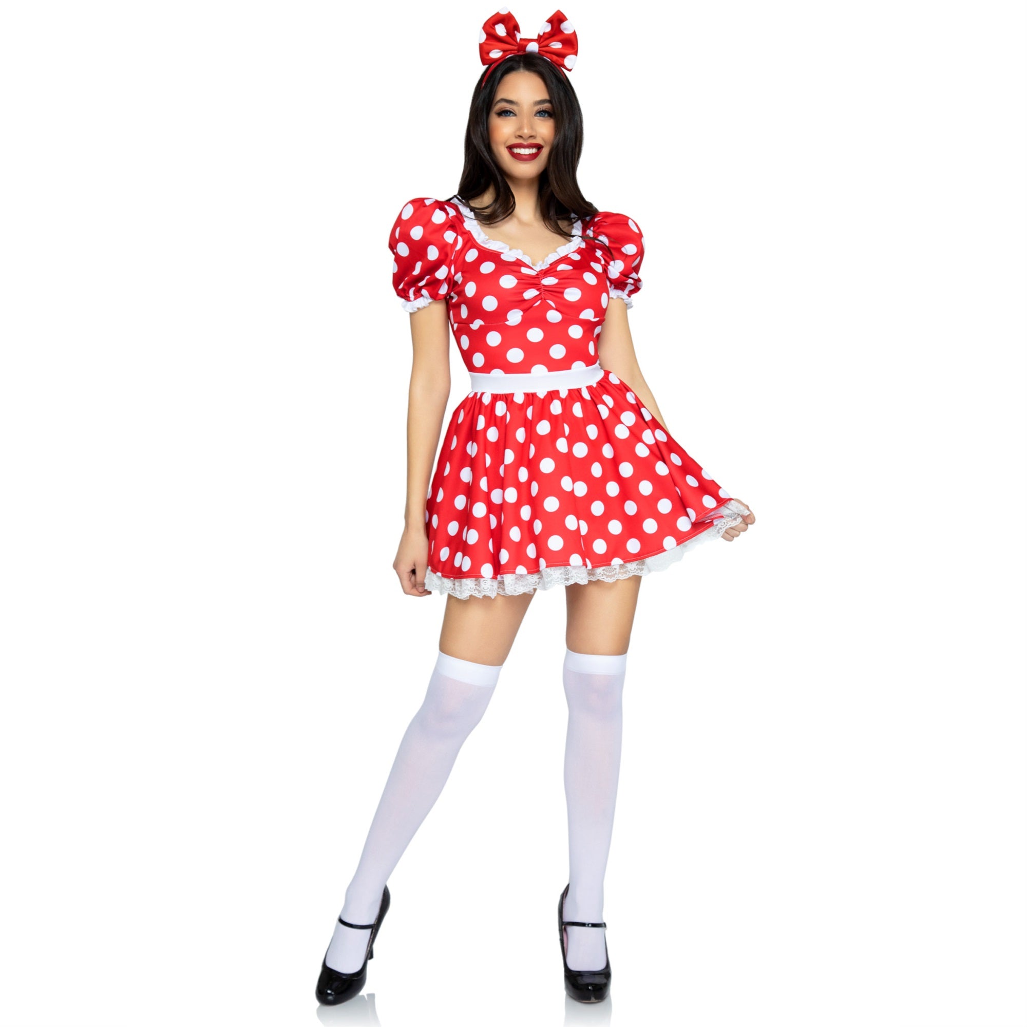 2 PC Polka dot dress with ruch - LARGE / RED/WHITE