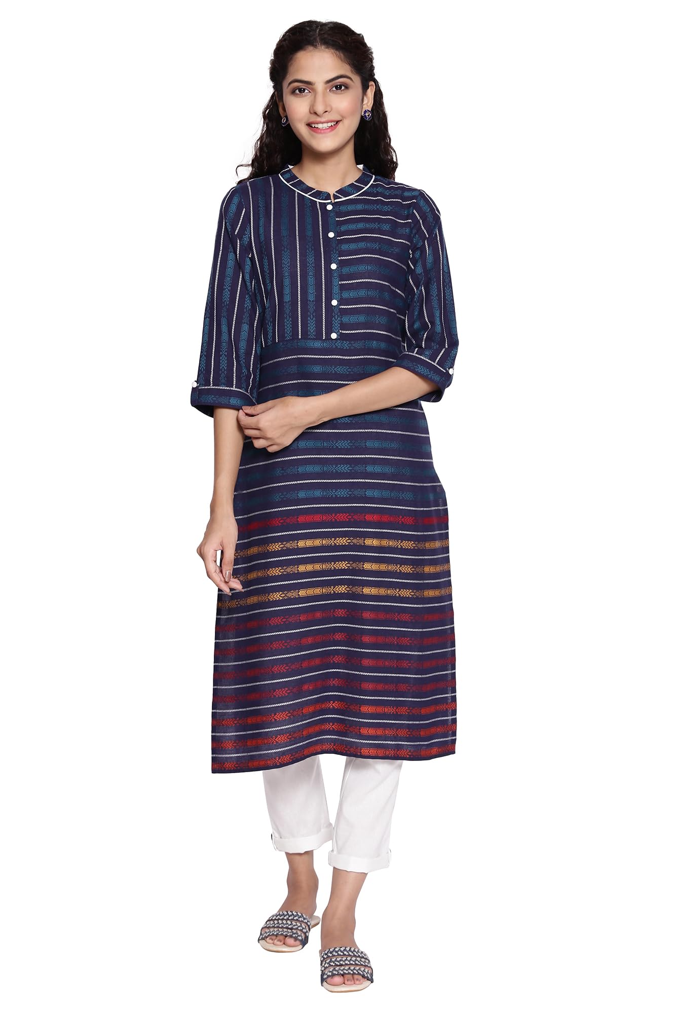 Aurelia Boat Neck Cotton Womens Knee Length Kurta (S21Aua11868003,Blue,Medium)