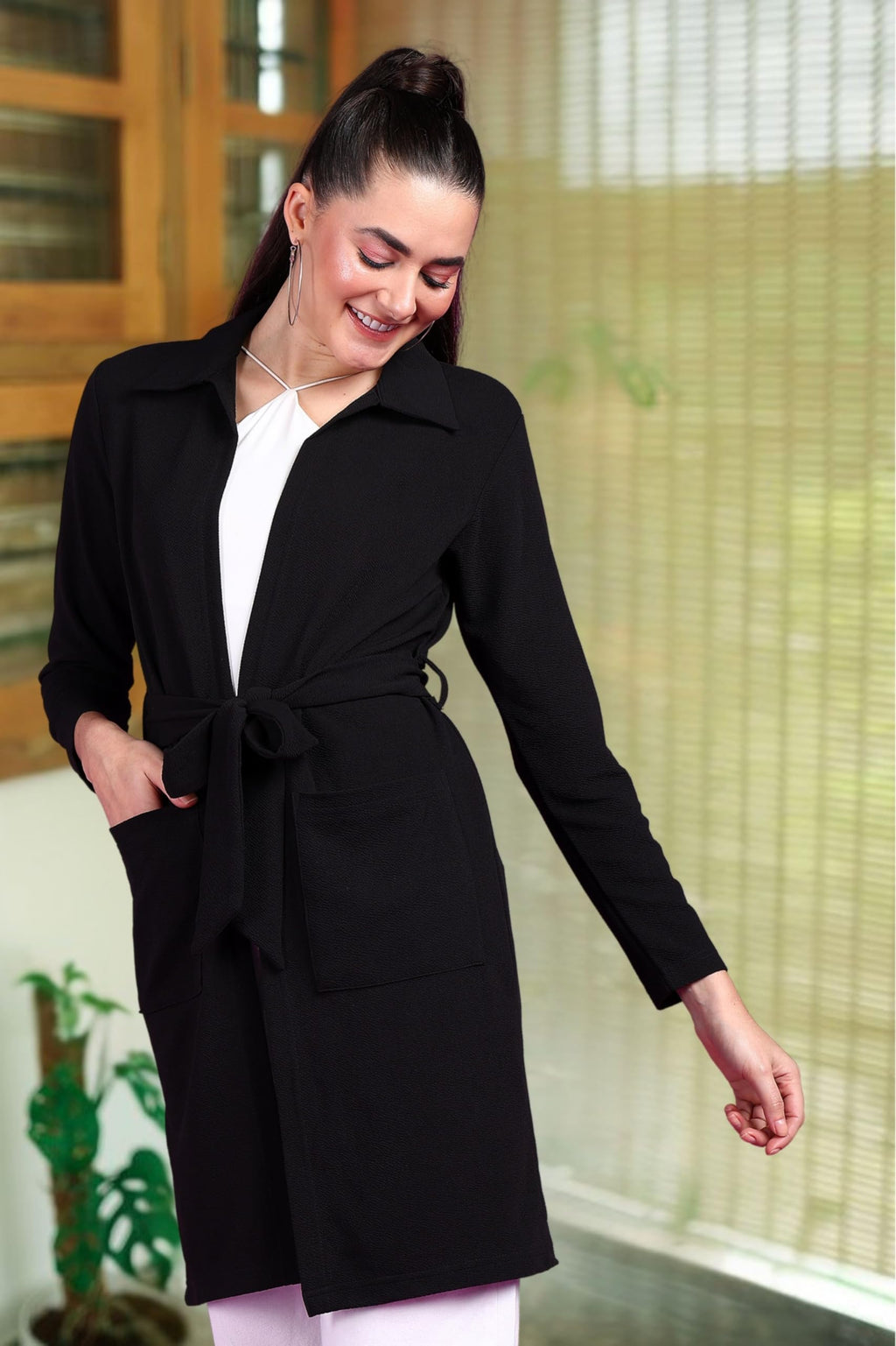 POPWINGS Women Casual Black Solid Belt Closure Long Shrug