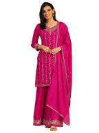 Libas Womens Embroidered Chinon Straight Kurta With Sharara and Dupatta