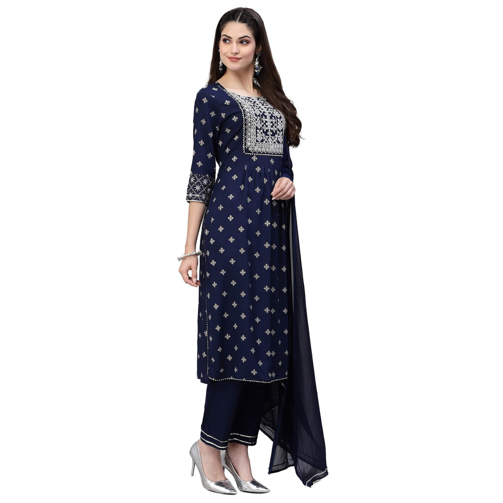 Stylum Women'S Printed & Embroidered Rayon Straight Kurta Pant With Dupatta (Navy Blue)