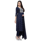 Stylum Women'S Printed & Embroidered Rayon Straight Kurta Pant With Dupatta (Navy Blue)