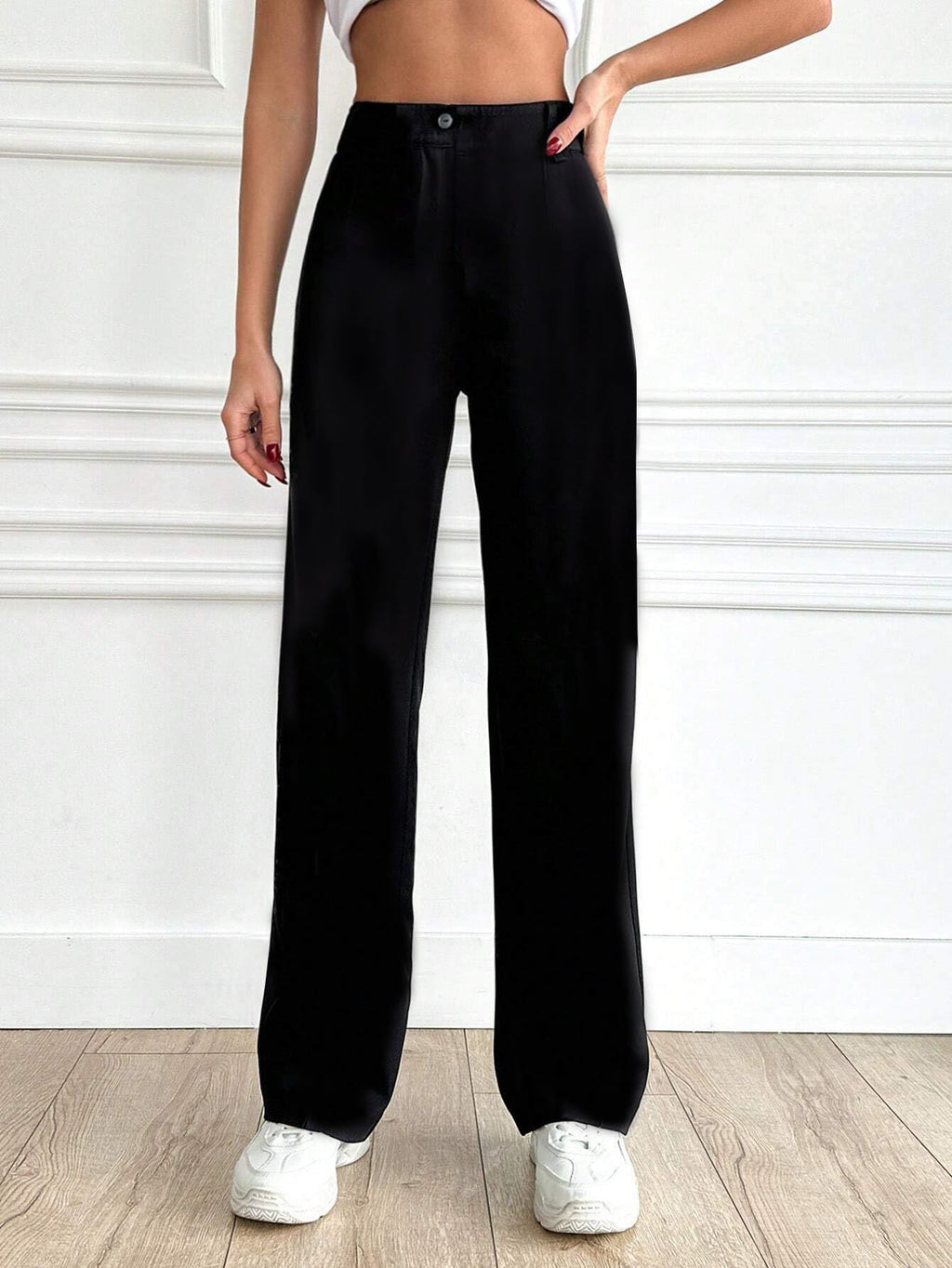 Toochki Womens Regular Fit Elastic Waist Full Length Black Spandex Formal Trouser for Casual Wear, Office Wear