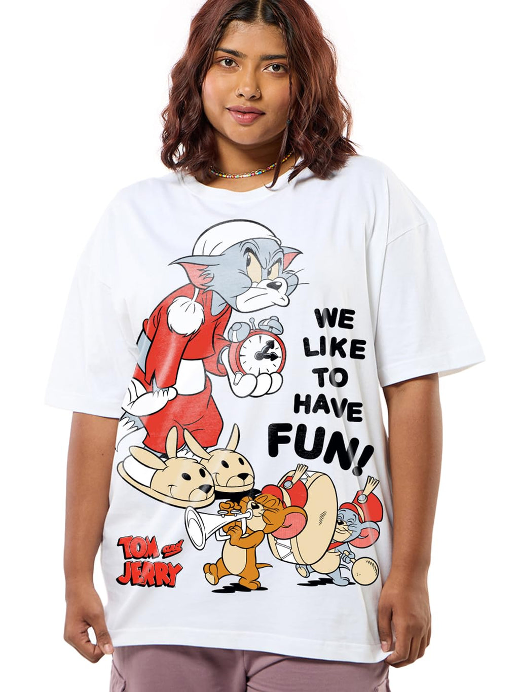 Bewakoof Official Tom & Jerry Merchandise Womens Graphic Printed Oversized Fit Half Sleeve Round Neck Cotton Jersey Plus Size T