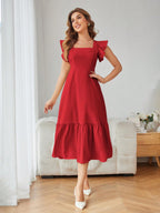 Shasmi GirlS & WomenS Solid Red Color Square Neck, Ruffle-Trimmed Hem Sleeveless, Ruffle Armhole And Casual Dress With Cinched