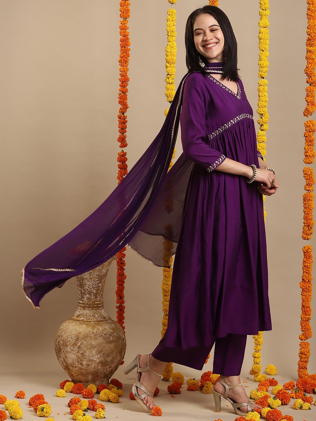 ANNI DESIGNER Women s Rayon Blend Kurta with Pants and Dupatta, Begani, 2XL