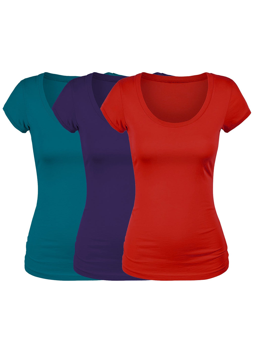 Emmalise Women's Short Sleeve Tshirt Scoop Neck Tee Value Set (3Pk, Deep Jungle, Purple, Red, Large)