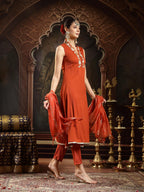 Stylum Womens Rust Solid & Embroidered Crepe A-Line Kurta With Dupatta