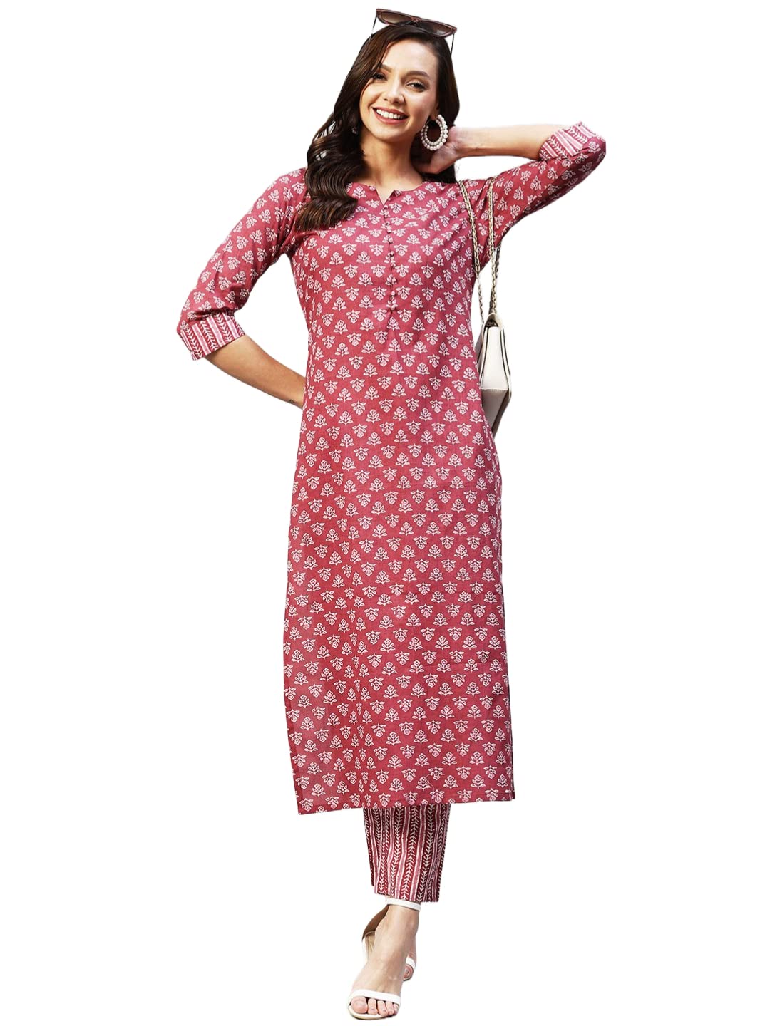ANNI DESIGNER Womens Cotton Blend Straight Printed Kurta with Pant (Gapati Maroon_L_ Maroon_Large)