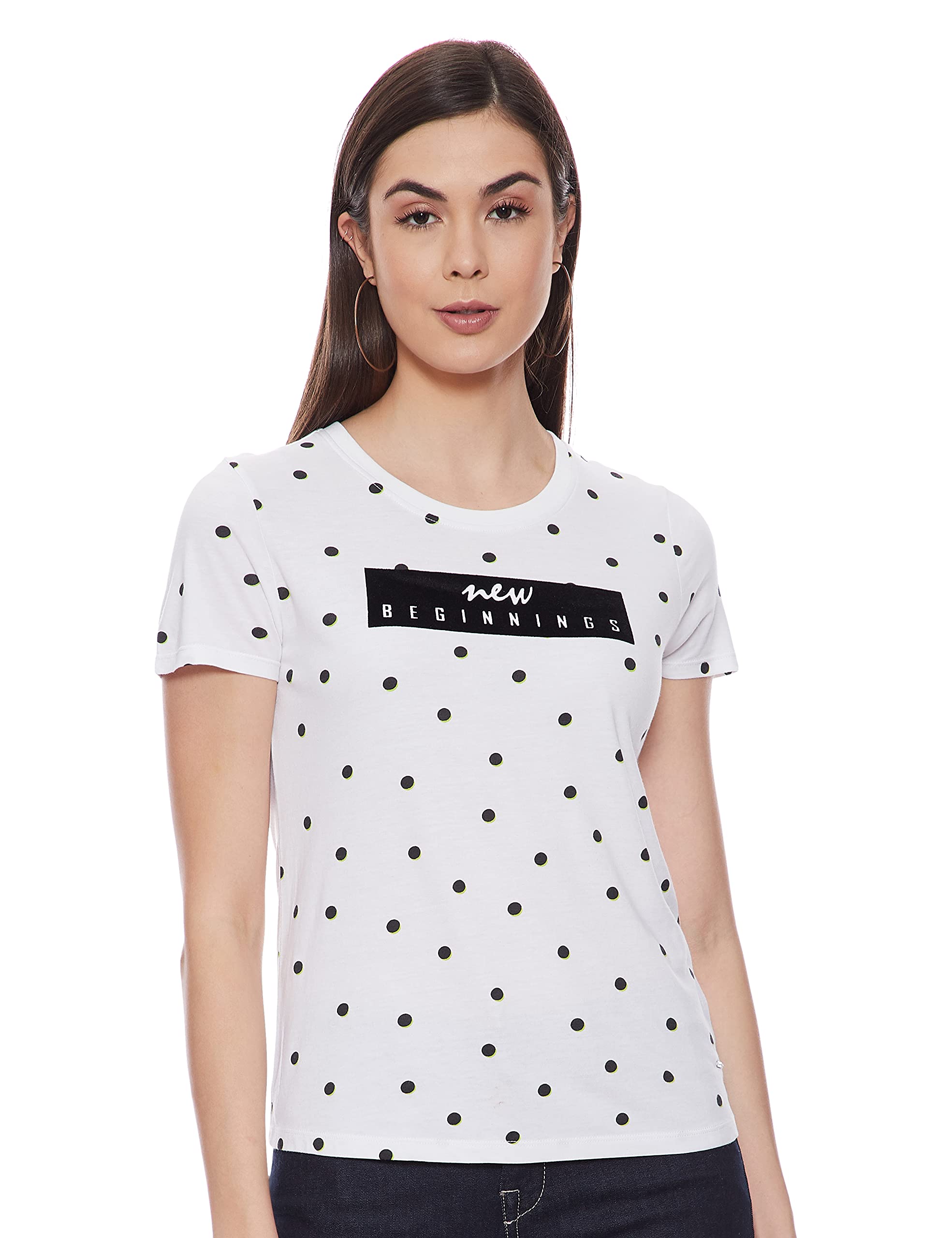 Pepe Jeans WomenS Polka Dot Regular Fit T-Shirt (Pl504565_Optic White Small)