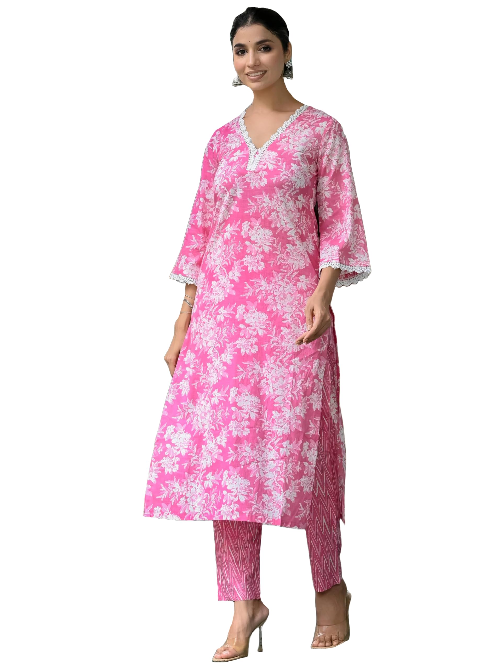 ANNI DESIGNER Women s Printed Rayon Kurta with Pants, Pink, M