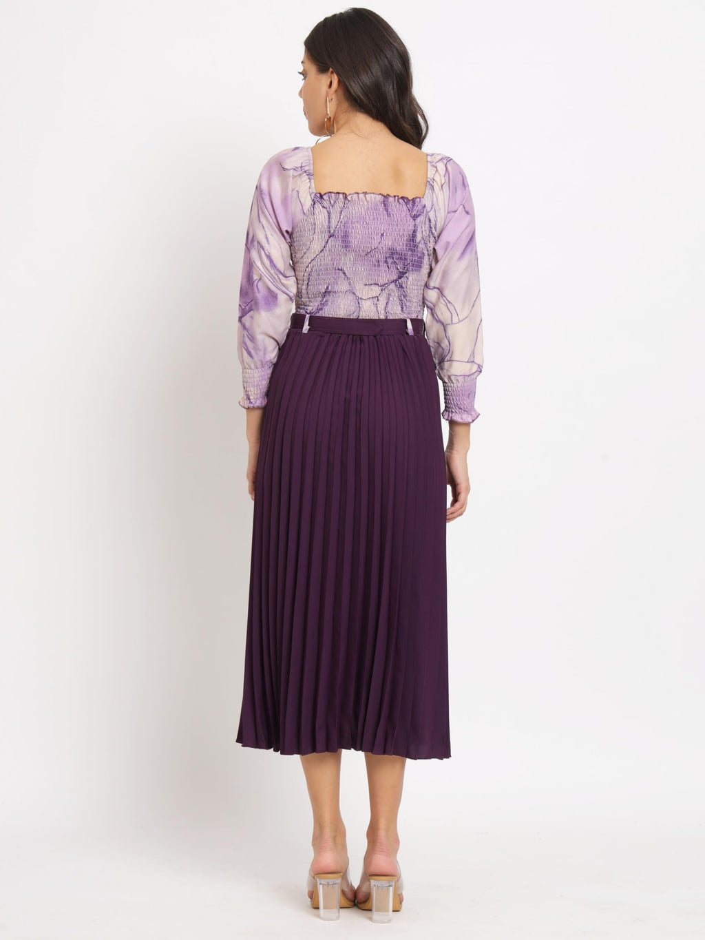 KZULLY Womens Knee-Length A-Line Dress with Pleats, Has an Square Neck, Printed Top Comes with A Belt Purple
