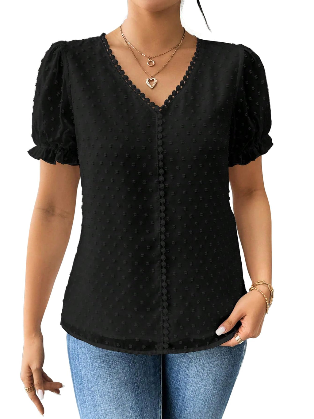 Shasmi Womens Black and White Elegant French Textured Fabric Solid Black Color Lace Panel V-Neck Jacquard Blouse,Short Puff Sle