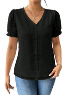 Shasmi Womens Black and White Elegant French Textured Fabric Solid Black Color Lace Panel V-Neck Jacquard Blouse,Short Puff Sle