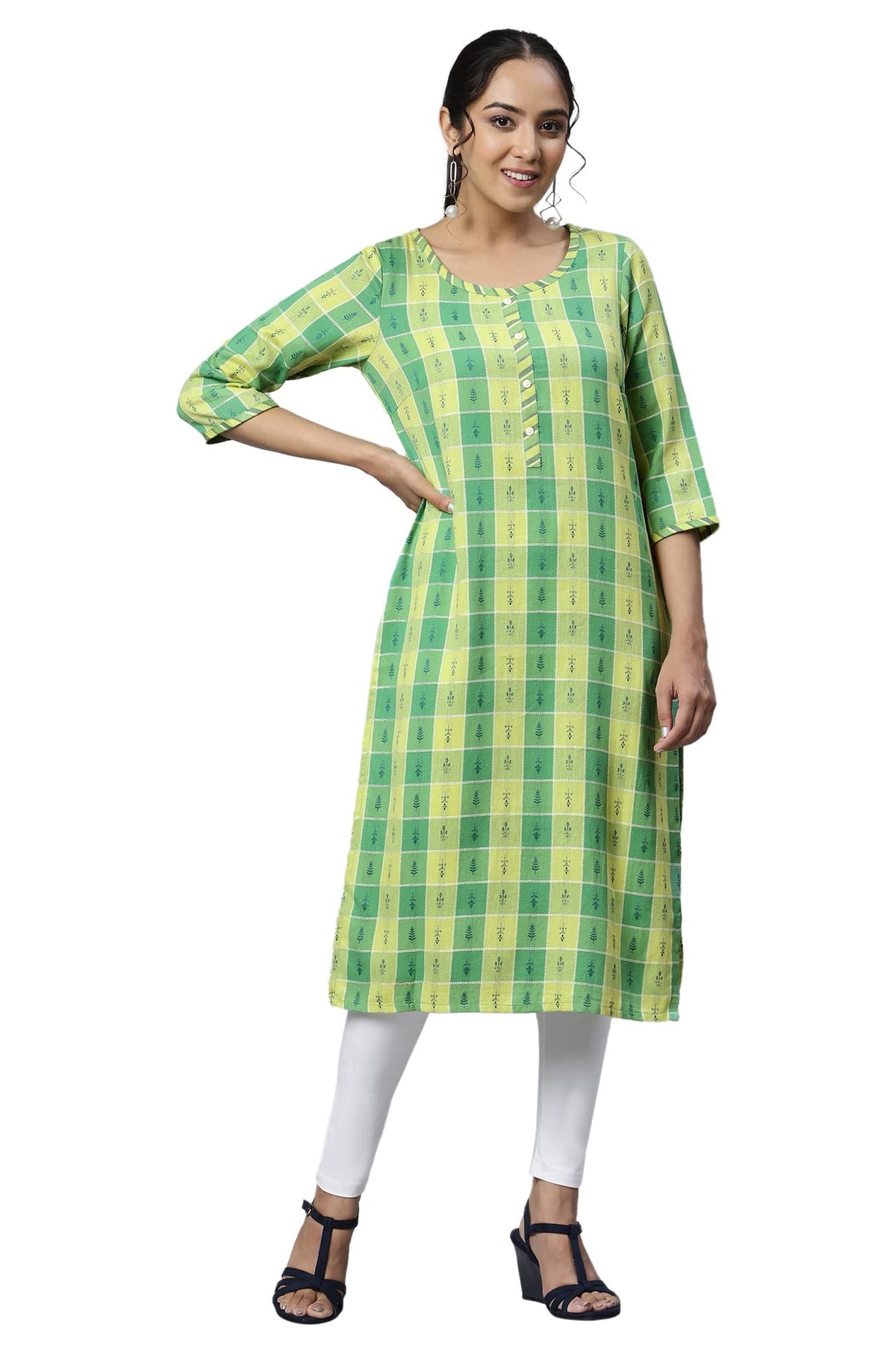 Aurelia Women Lime Sherbet Dobby Geometric Yarn Dyed Straight Kurta_22Aua13341-702541_Xl