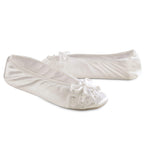isotoner womens Satin Ballerina Slippers With Embroidered Pearl Ballet Flat, White, 6.5-7.5 US