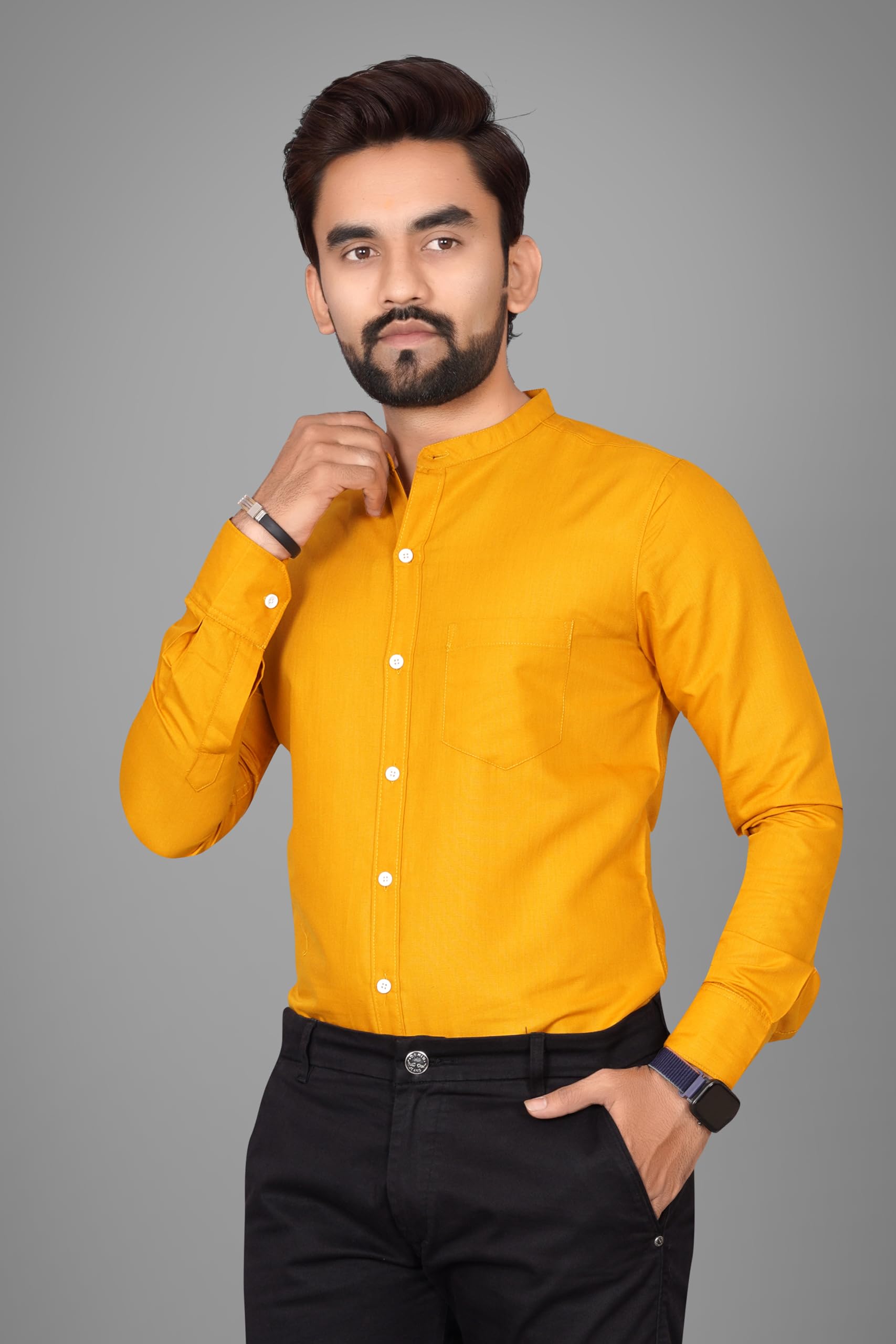 Besix MenS Regular Fit Solid Cotton Shirt | Chinese Collar | Casual | Plain | Branded | Mandarin Collar | Full Sleeve | Summer