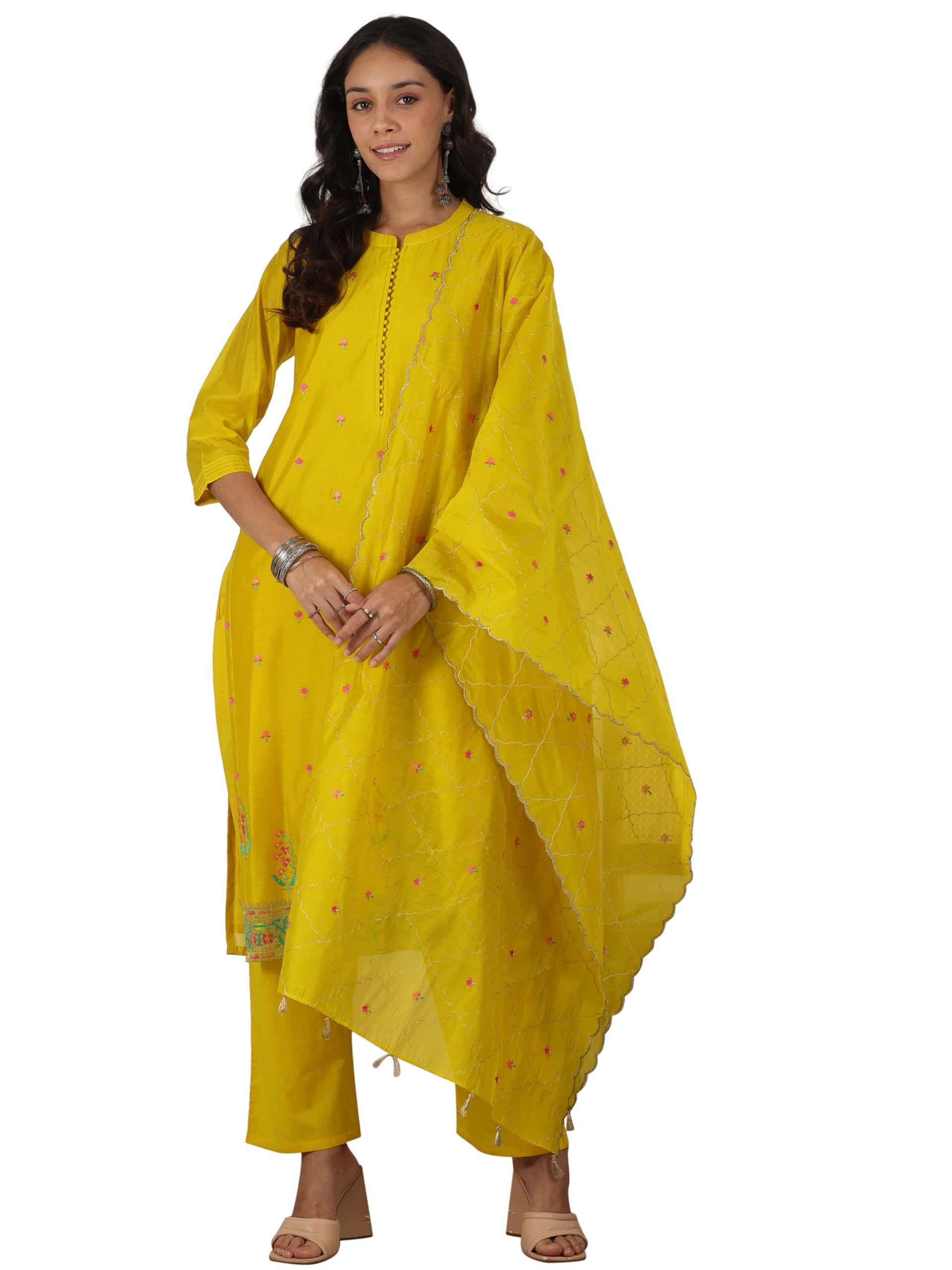 Libas Yellow floral embroidered straight kurta with solid trouser and floral embroidered dupatta