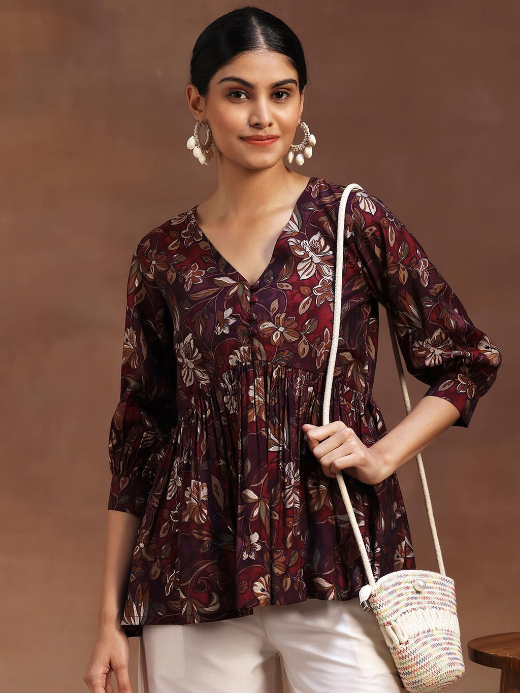 Libas WomenS Silk Blend Printed A-Line Kurti (29114Or_Burgundy