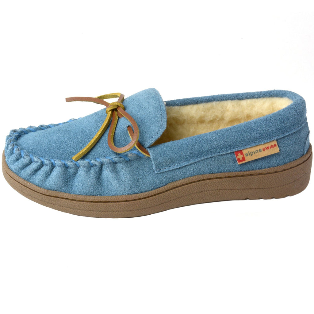 Alpine Swiss Sabine Womens Suede Shearling Slip On Moccasin Slippers Blue 8 M US