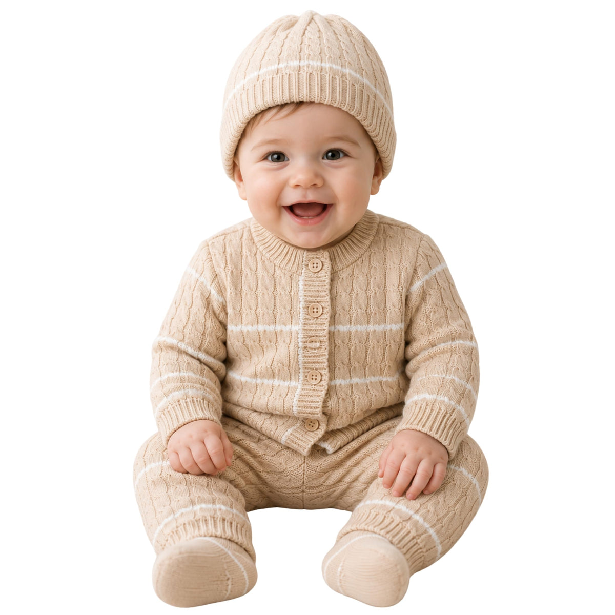 Baby Woollen Sweater Set With Cap & Socks For Winter (Beige, 03 Months) 0-3