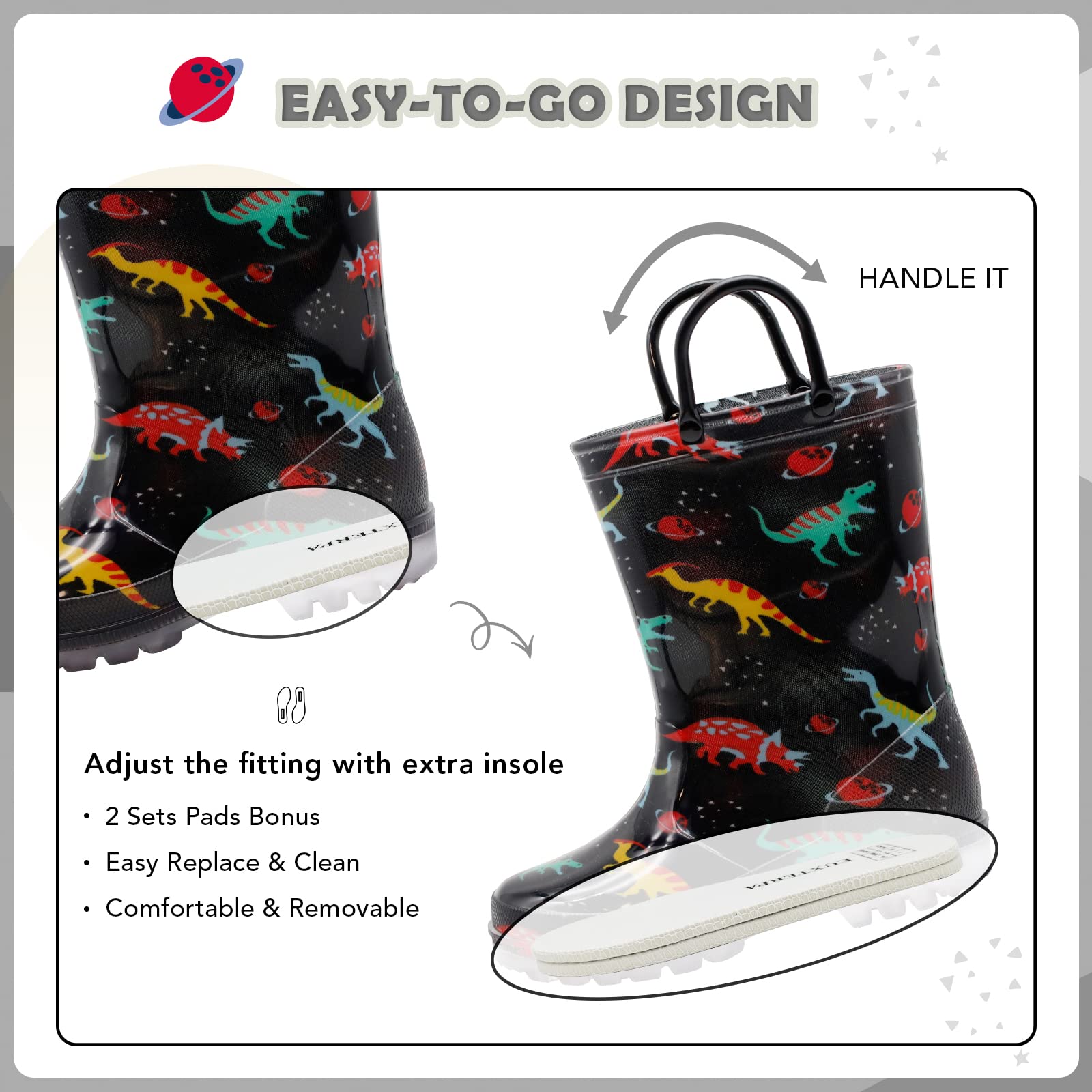 EUXTERPA Toddler-Kids Waterproof Light Up Rain Boots with Handles for Boys Little Kid size 13 Black Dinosaur