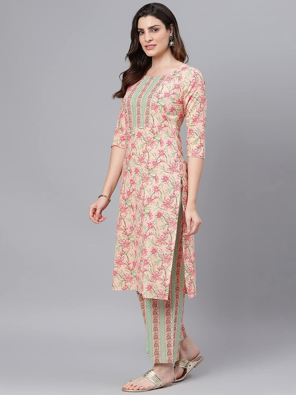 Idalia Cotton Kurta Set With Dupatta For Women - Printed Straight Kurta & Palazzo Pant, 3/4 Sleeve, Round Neck, Calf Length