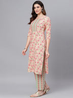 Idalia Cotton Kurta Set With Dupatta For Women - Printed Straight Kurta & Palazzo Pant, 3/4 Sleeve, Round Neck, Calf Length
