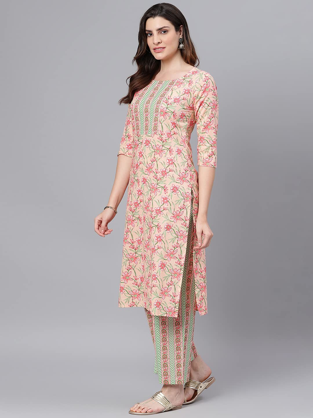Idalia Cotton Kurta Set With Dupatta For Women - Printed Straight Kurta & Palazzo Pant, 3/4 Sleeve, Round Neck, Calf Length