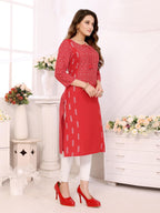 Rangita Red Rayon Calf Length Printed Straight Kurti | Kurta For Women