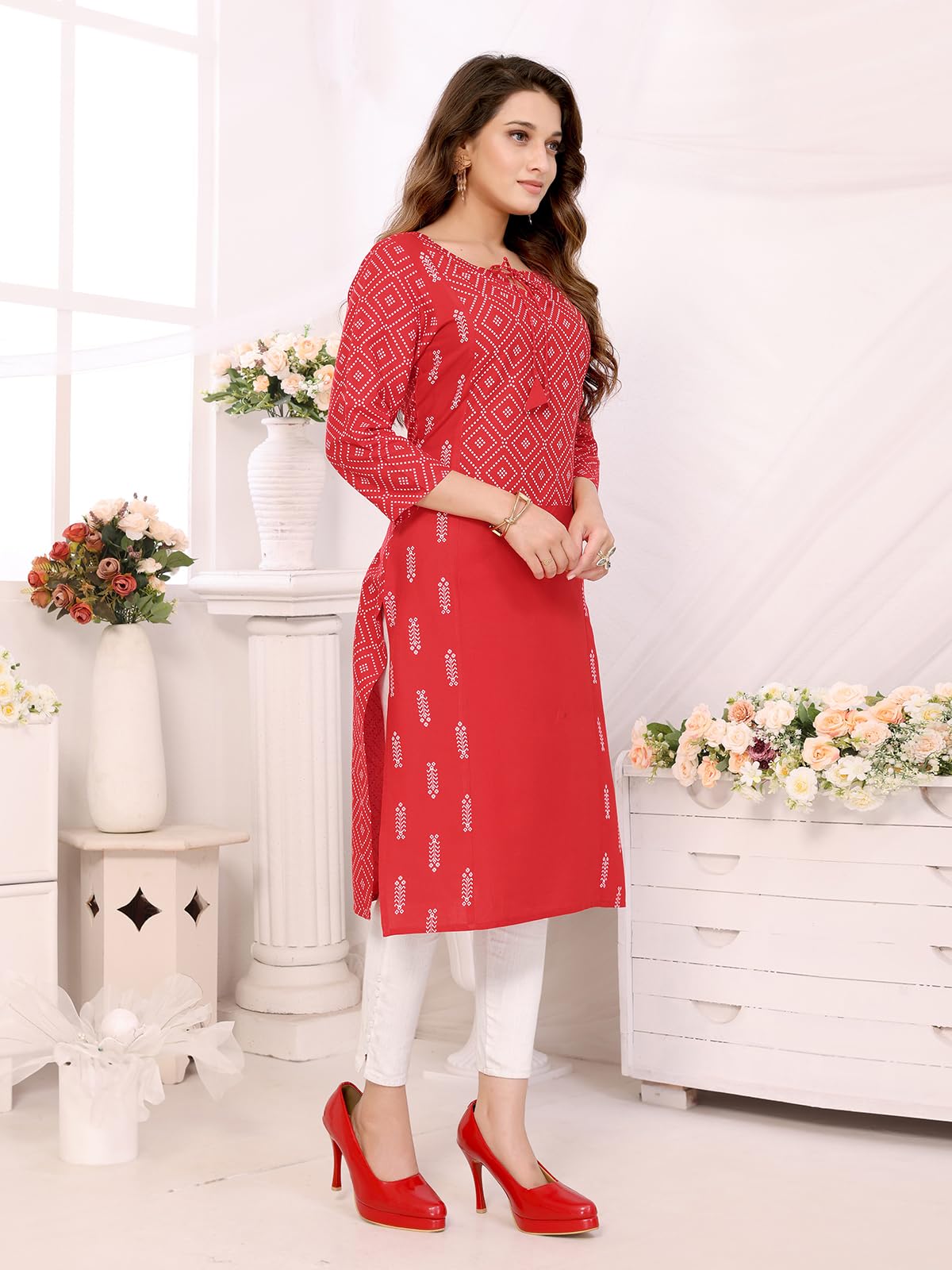 Rangita Red Rayon Calf Length Printed Straight Kurti | Kurta For Women