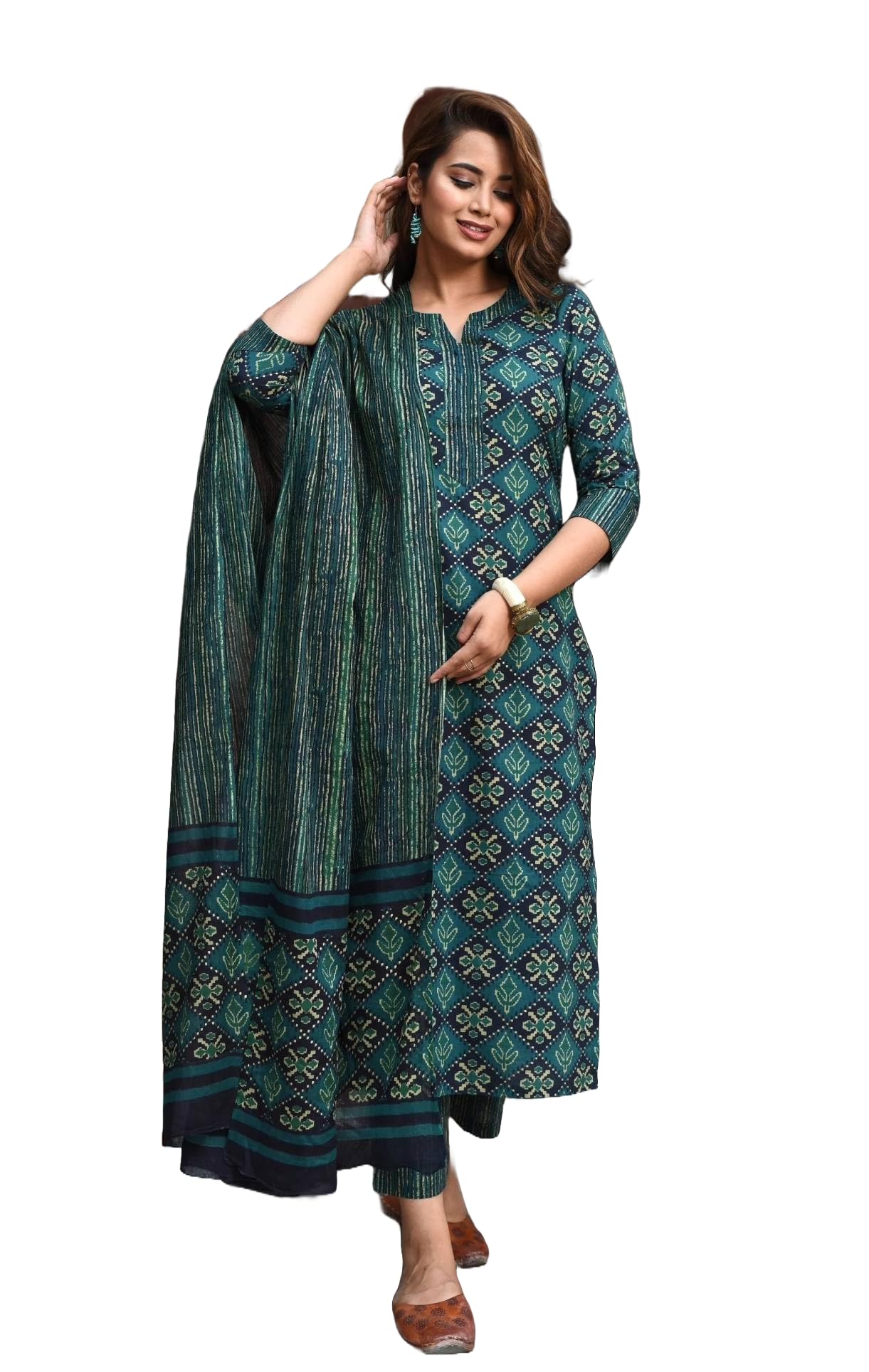 LookMark Womens Printed Cotton Blend Straight Kurta Pant Dupatta Set - Stylish Ethnic Wear for Women (AZ-LM-OG-KS2116-XXL) Gree