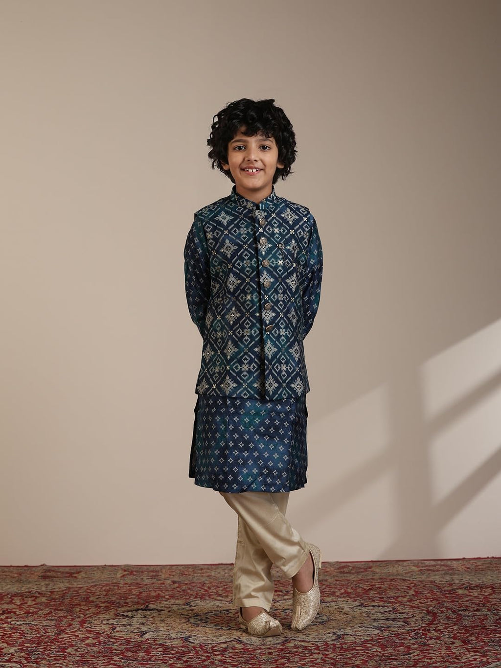 Manyavar Teal Blue Blended Viscose Foil Print Kurta Jacket Pyjama Set for Child
