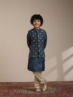 Manyavar Teal Blue Blended Viscose Foil Print Kurta Jacket Pyjama Set for Child
