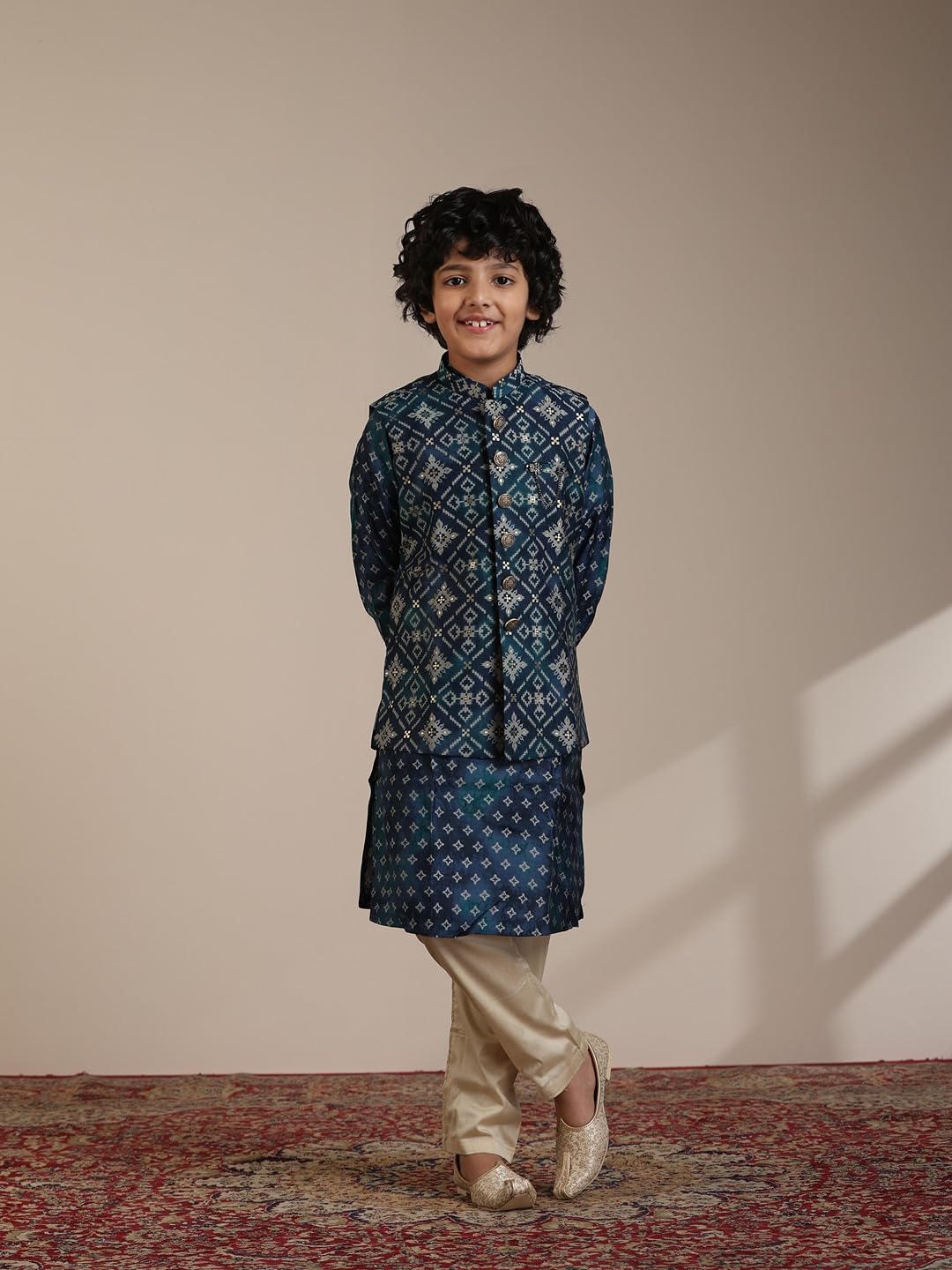 Manyavar Teal Blue Blended Viscose Foil Print Kurta Jacket Pyjama Set for Child