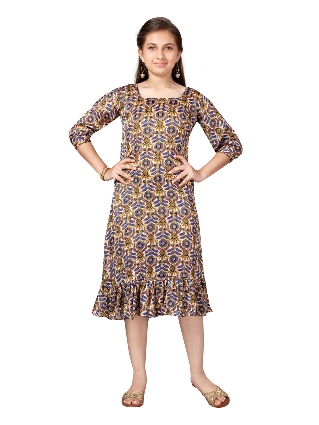 Aarika Girls Cotton Blend Skater Knee-Length Dress (MD-22505_Fawn_38)