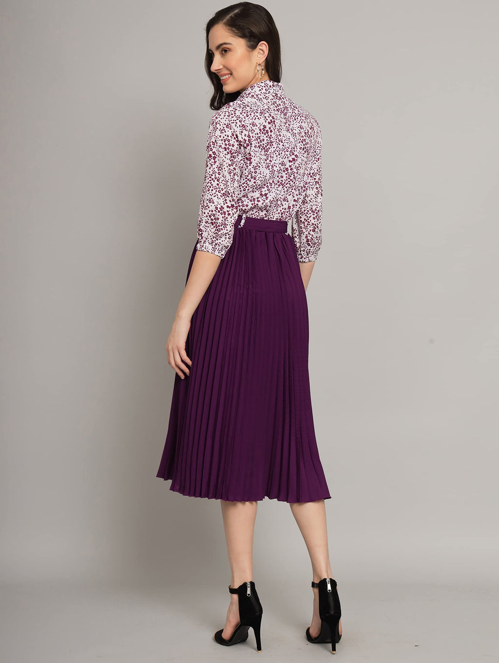 Kzully | Elegant A-Line Dress: Collared V-Neck Top, Pleated Skirt With Elastic Waist, Includes Belt Purple