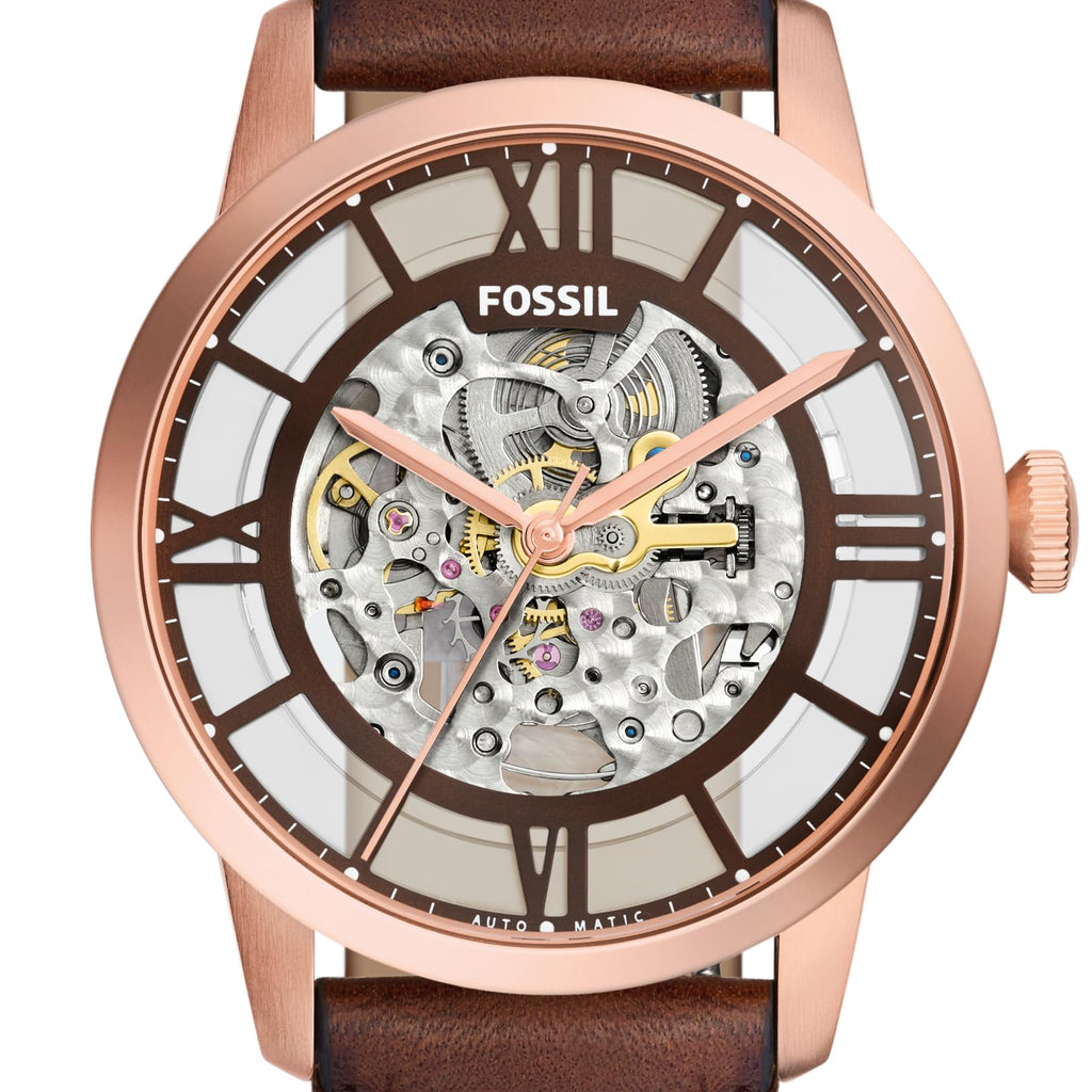 Fossil Men's Townsman Automatic Stainless Steel and Leather Three-Hand Skeleton Watch, Color: Rose Gold/Chocolate (Model: ME3259