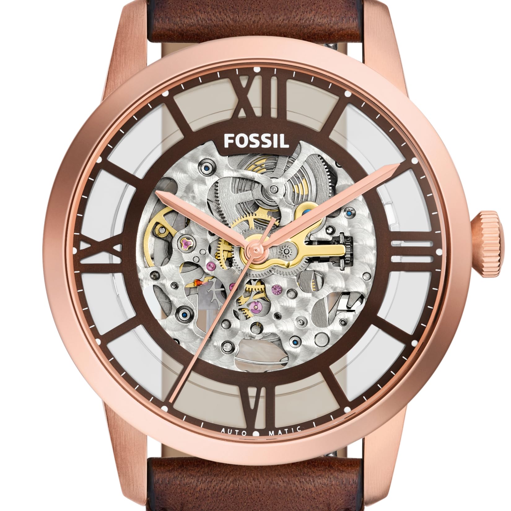 Fossil Men's Townsman Automatic Stainless Steel and Leather Three-Hand Skeleton Watch, Color: Rose Gold/Chocolate (Model: ME3259