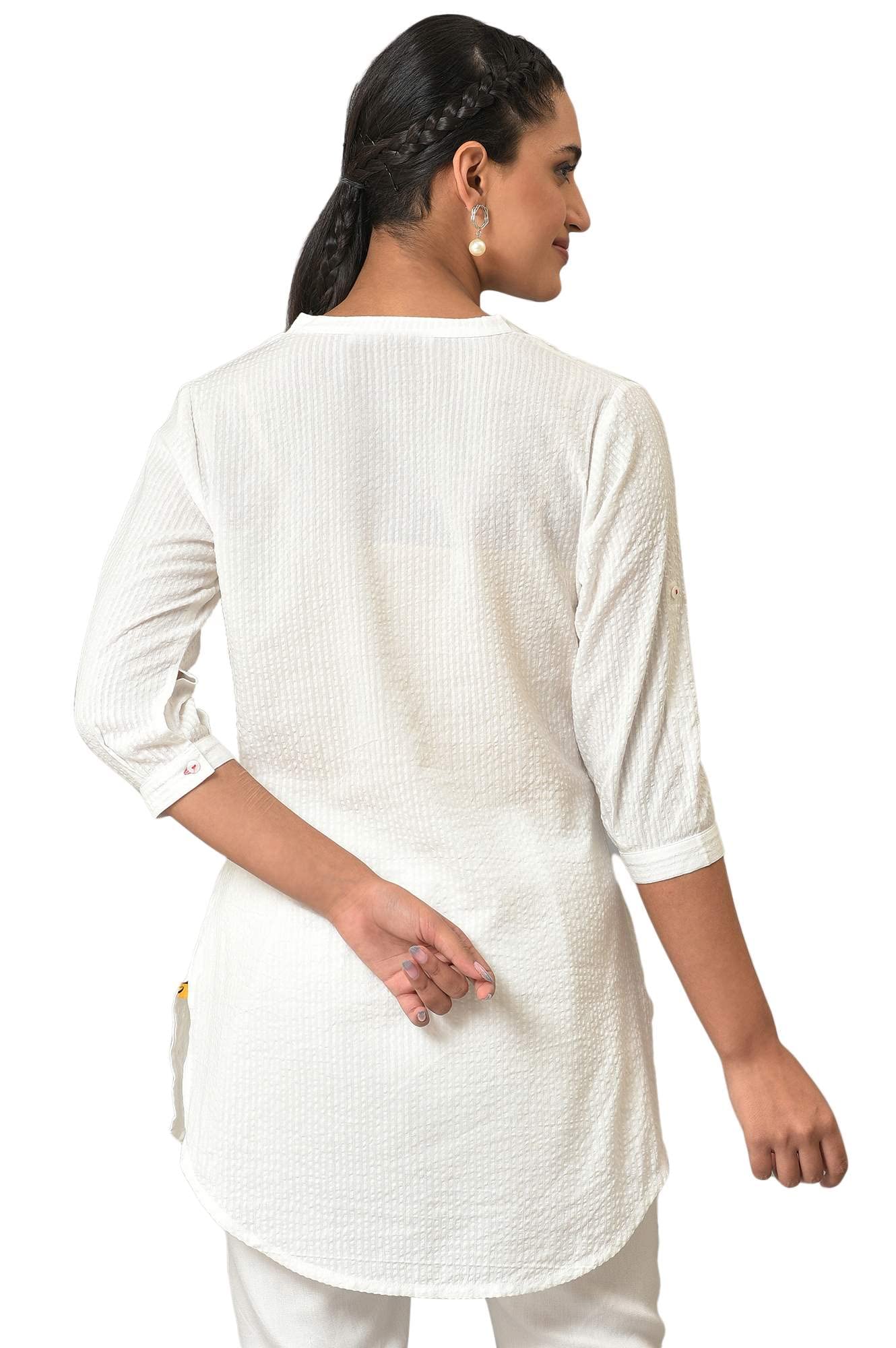 Aurelia White Textured Cotton Rayon Blend Regular Kurti For Women