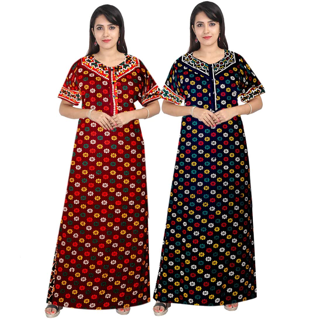 Mudrika Attractive WomenS 100% Cotton Printed Nightwear Maternity Half Sleeves Maxi Gown Nightdresses (Combo Pack Of 2) Multico