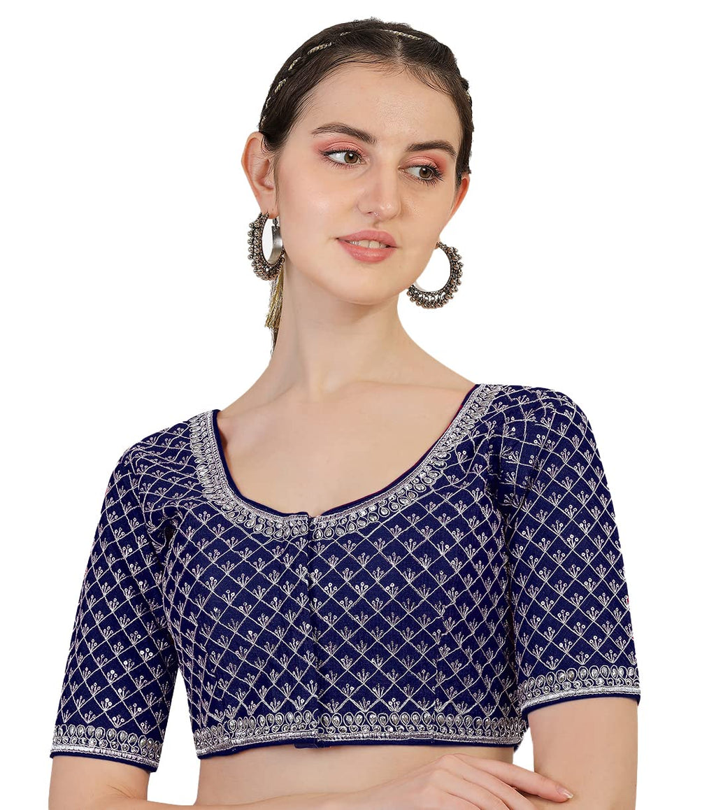 Pujia Mills Womens Heavy Silver Jari Thread Readymade Blouse for Saree Lehenga (Navy Blue, 38)